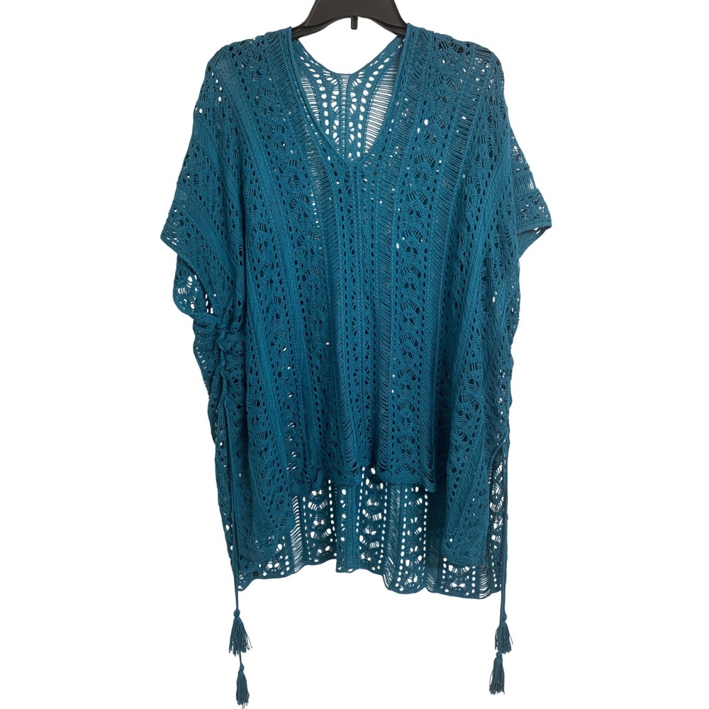Boho Teal Blue Open‎ Knit Beach Cover Up Tassel Vacation Poncho